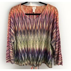 Chico's W Top Blouse Multi Chevron Print V Neck Shimmer Metallic Tie Size 3 XL